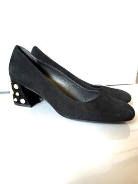 Stuart Weitzman Black Suede Pearl 2.25" Block Heel Pumps All Pearls Size 9